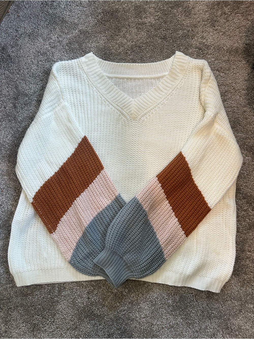 V-Neck Colorblock Sweater in Cream with Rust, Pink & Gray